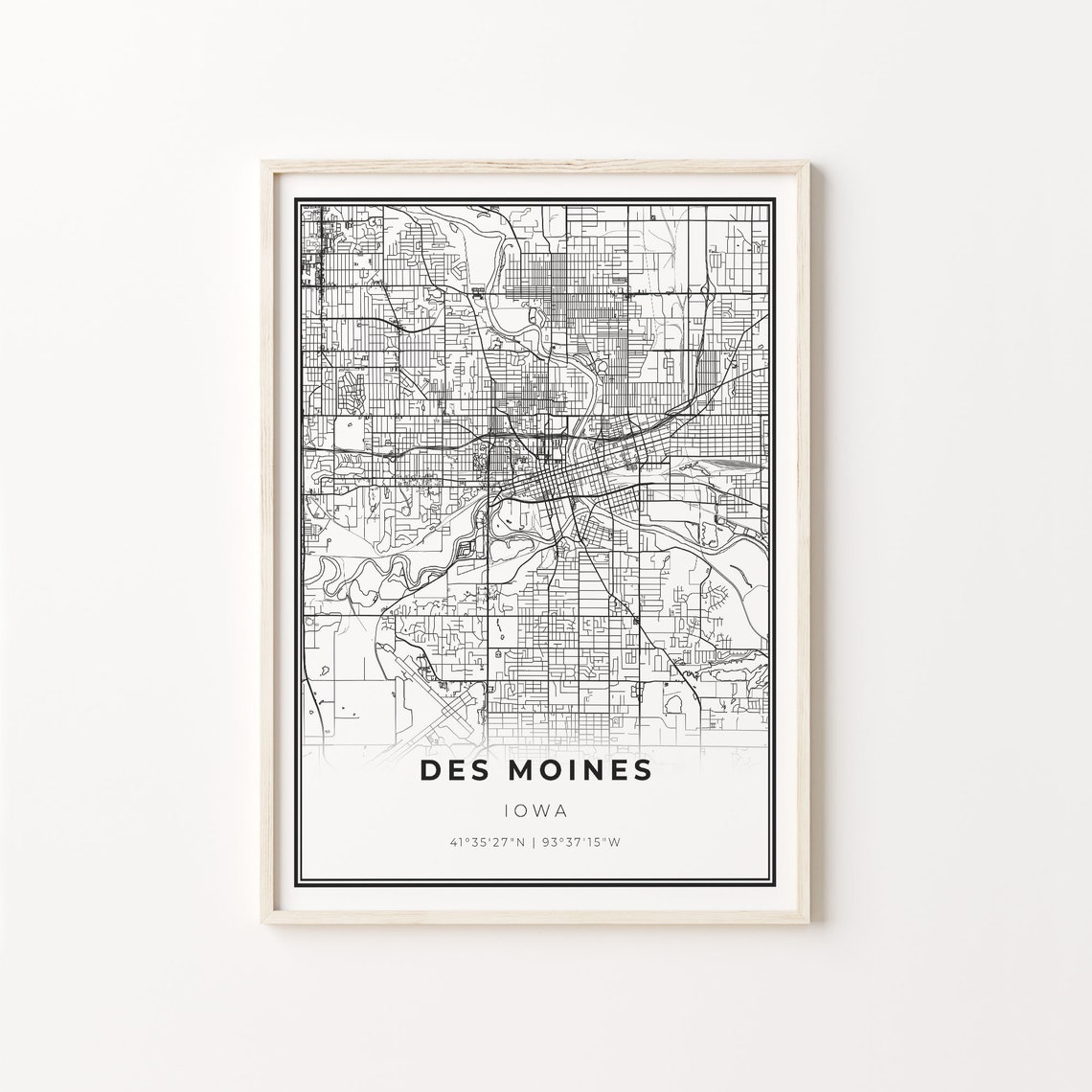 Des Moines Iowa City Map Minimalist Black and White Art Poster