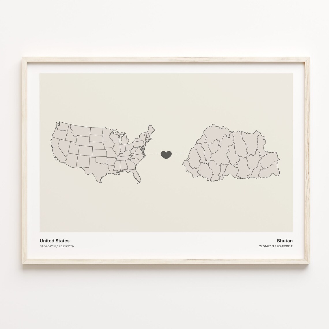 United States to Bhutan Heart Connection Map Minimalist Poster