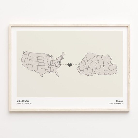United States to Bhutan Heart Connection Map Minimalist Poster