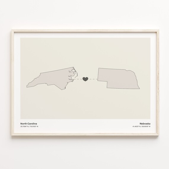 North Carolina to Nebraska Minimalist Long Distance Connection Map Poster