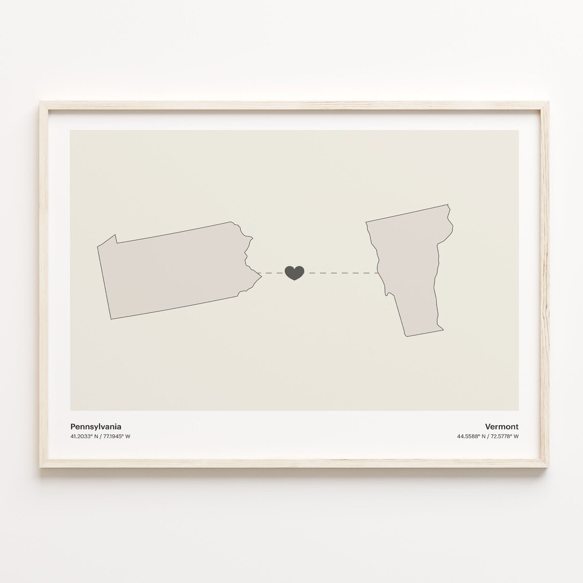 Pennsylvania to Vermont Long Distance Love Heart Connection Map Poster