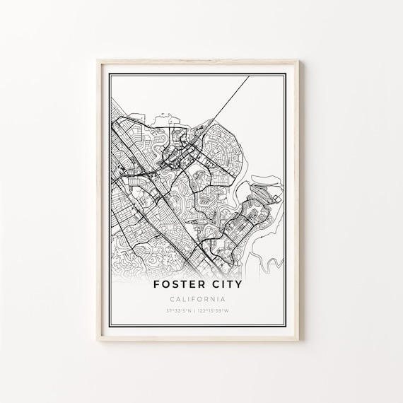 Foster City California Minimalist Black Line City Map Wall Art