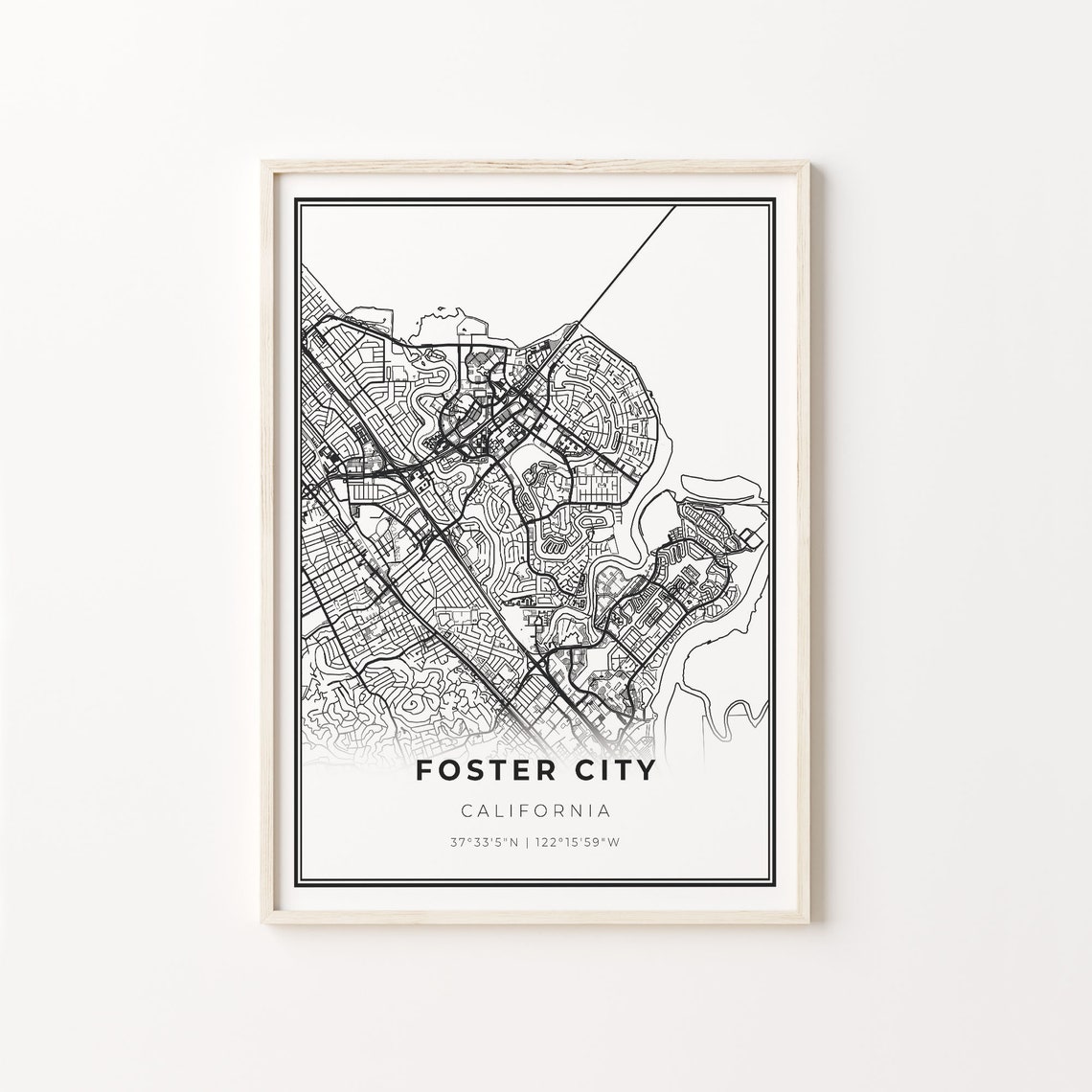 Foster City California Minimalist Black Line City Map Wall Art