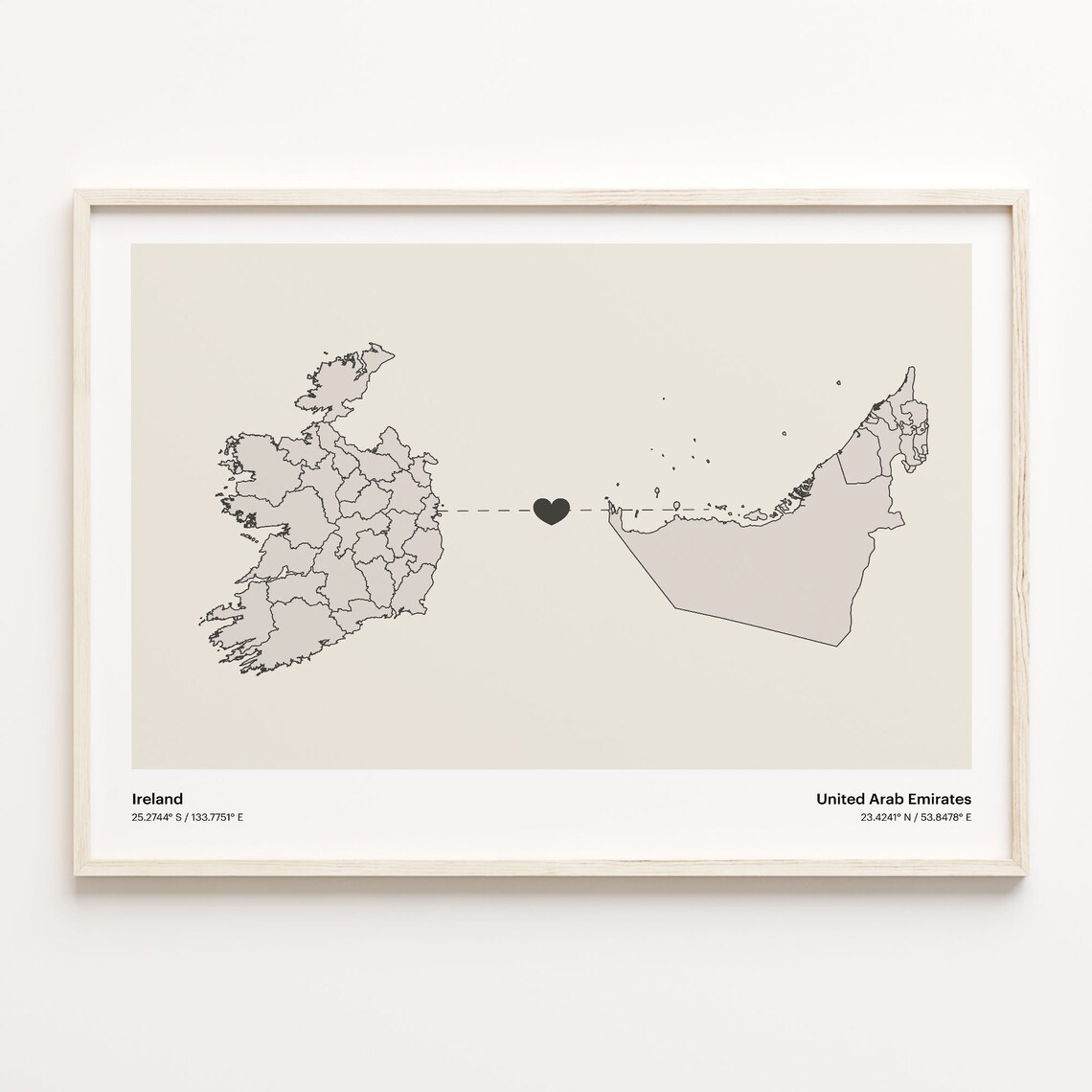 Ireland United Arab Emirates Minimalist Long Distance Heart Map Poster