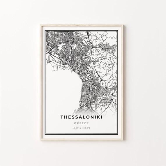 Thessaloniki Greece Modern Black And White Street Map Coordinates Poster