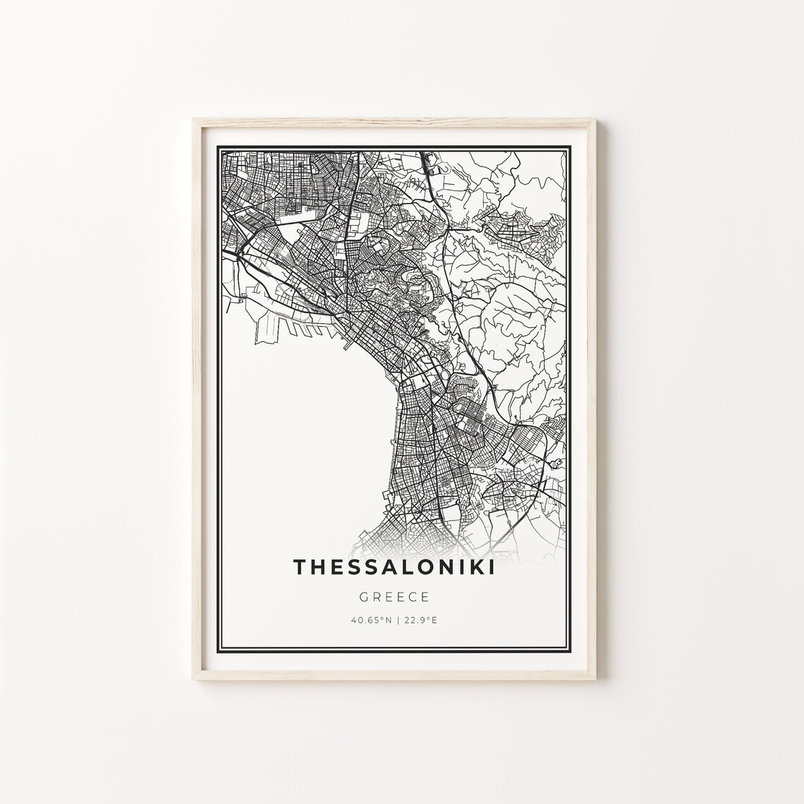 Thessaloniki Greece Modern Black And White Street Map Coordinates Poster