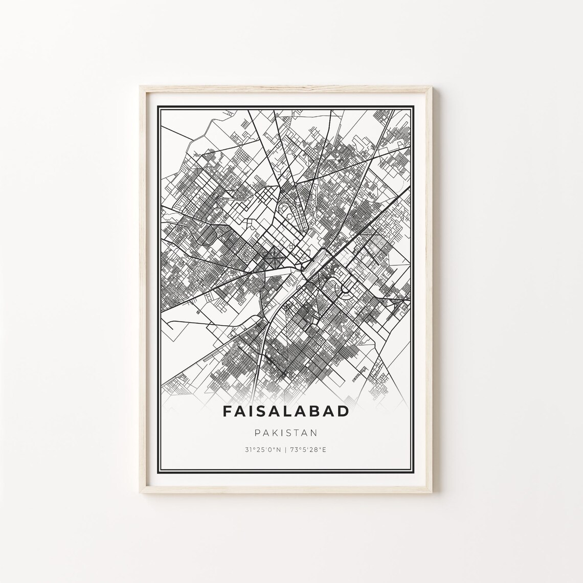 Faisalabad Pakistan Minimalist Black White City Street Map Art Poster