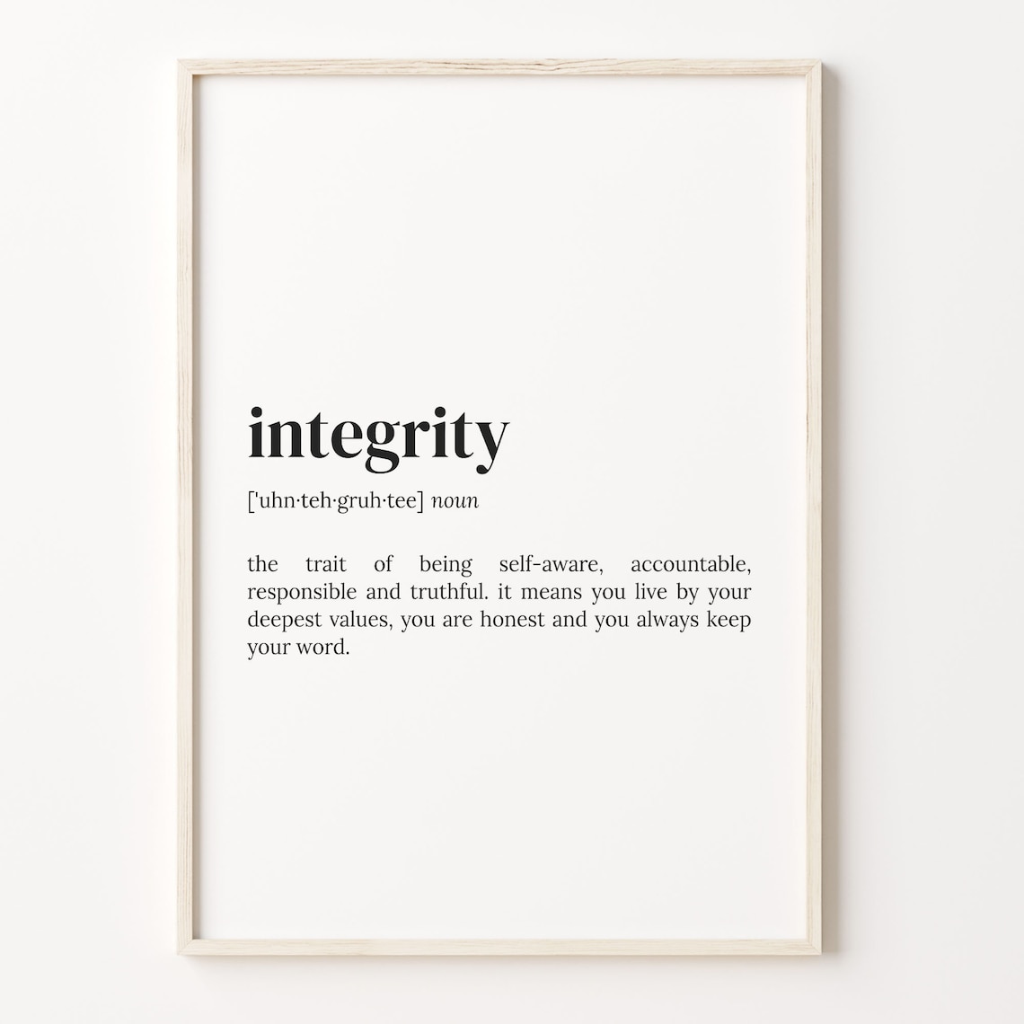 Integrity Definition Dictionary Poster, Quote Art