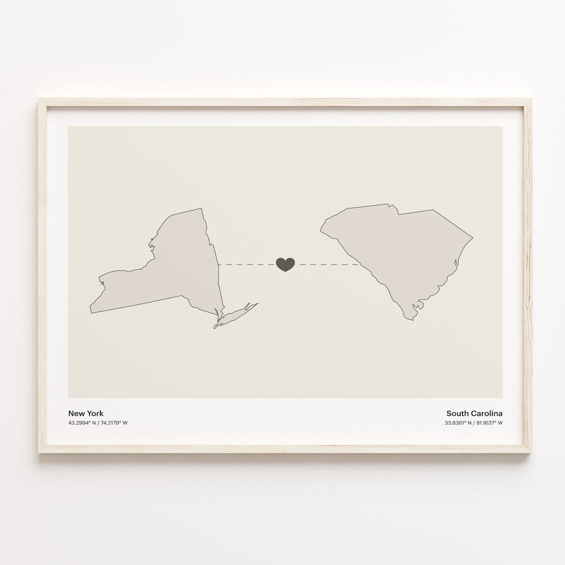 New York To South Carolina Long Distance Heart Map Gift Poster