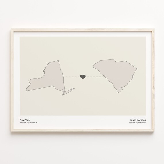 New York To South Carolina Long Distance Heart Map Gift Poster