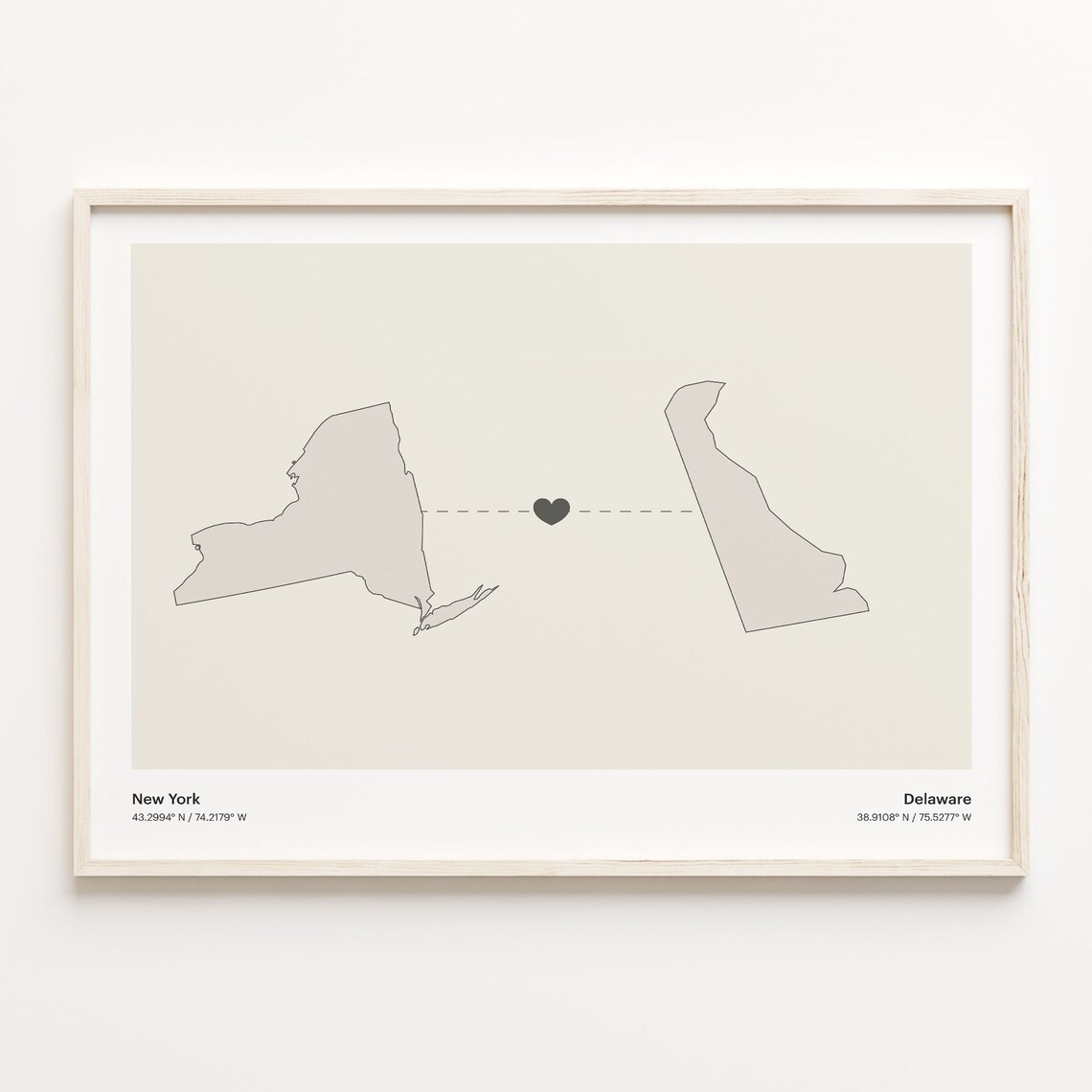New York Delaware Long Distance Love Connection Heart Map Poster