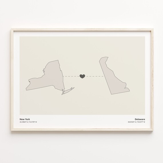 New York Delaware Long Distance Love Connection Heart Map Poster