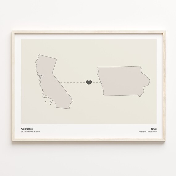 California To Iowa Minimalist Long Distance Love Connection Poster