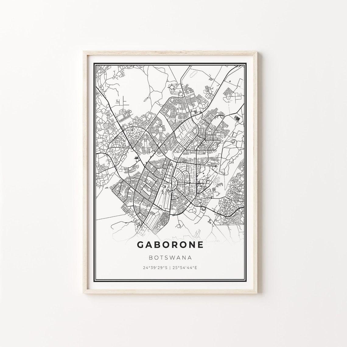 Gaborone Botswana Black and White Street Map Minimalist Decor Poster