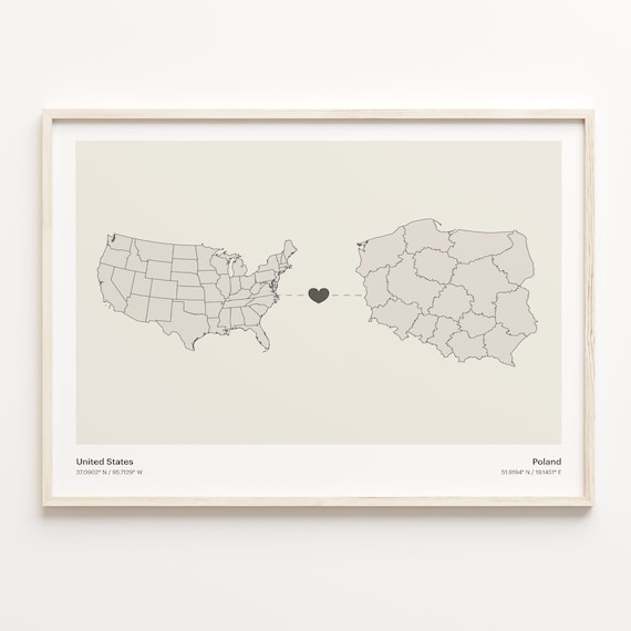 United States to Poland Minimalist Heart Map Connection Poster