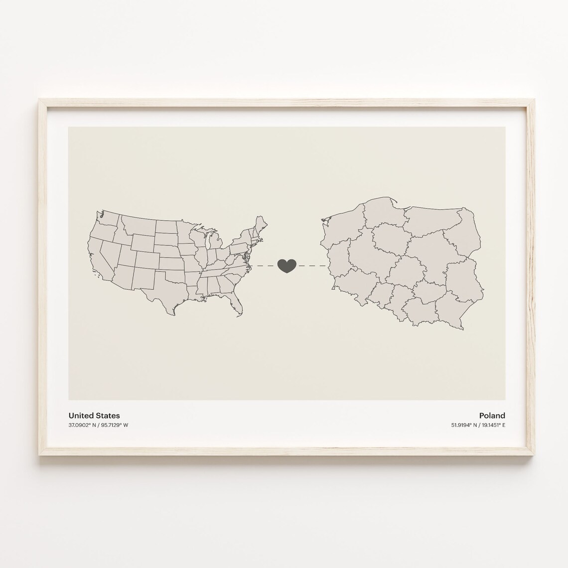 United States to Poland Minimalist Heart Map Connection Poster