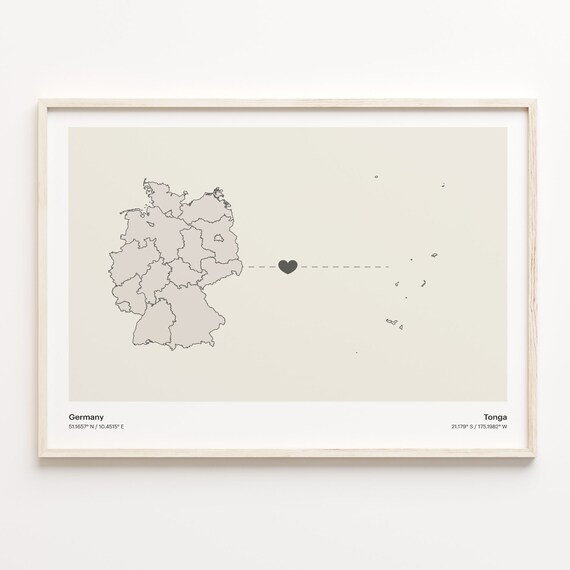 Germany To Tonga Soft Beige Heart Connection Minimalist Map Poster