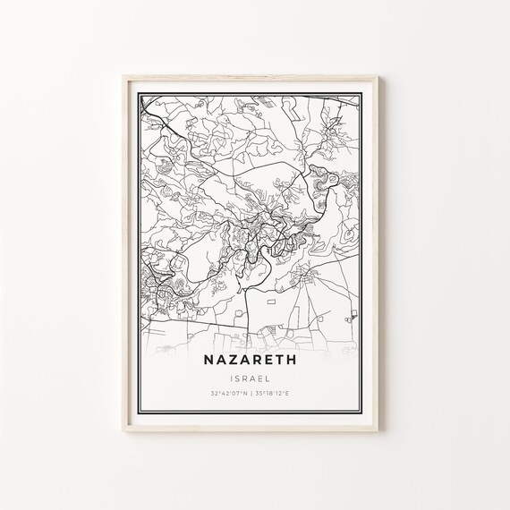 Nazareth Israel Black and White Minimalist City Street Map Poster