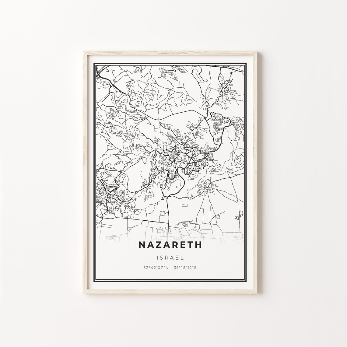 Nazareth Israel Black and White Minimalist City Street Map Poster