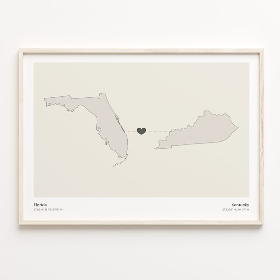 Florida to Kentucky Heart Map Long Distance Love Art Gift Poster