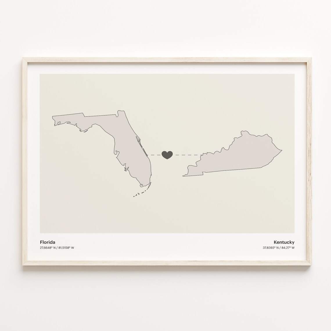 Florida to Kentucky Heart Map Long Distance Love Art Gift Poster