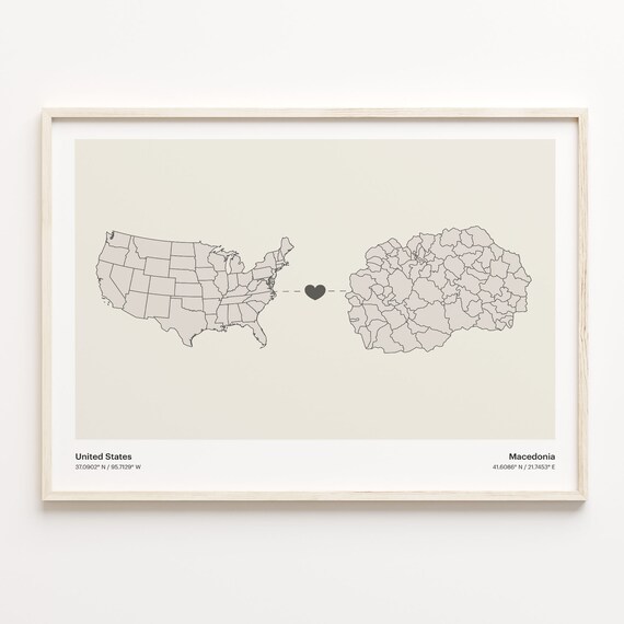 United States to Macedonia Heart Connection Map Minimalist Poster
