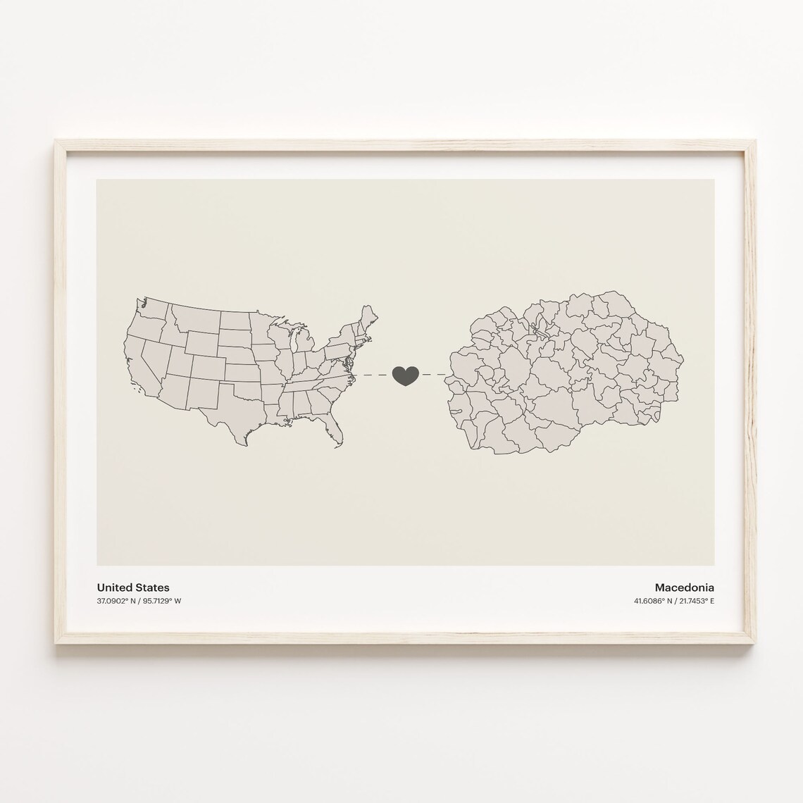 United States to Macedonia Heart Connection Map Minimalist Poster