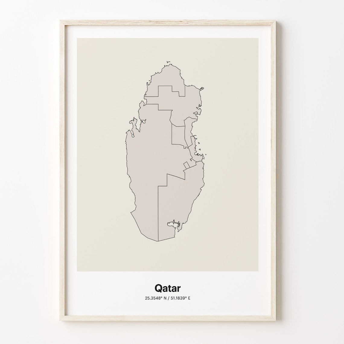 Qatar Country Map Beige Line Outline Minimalist Coordinates Poster