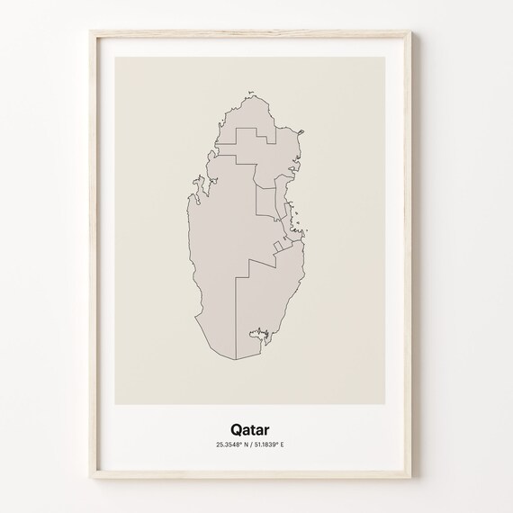 Qatar Country Map Beige Line Outline Minimalist Coordinates Poster