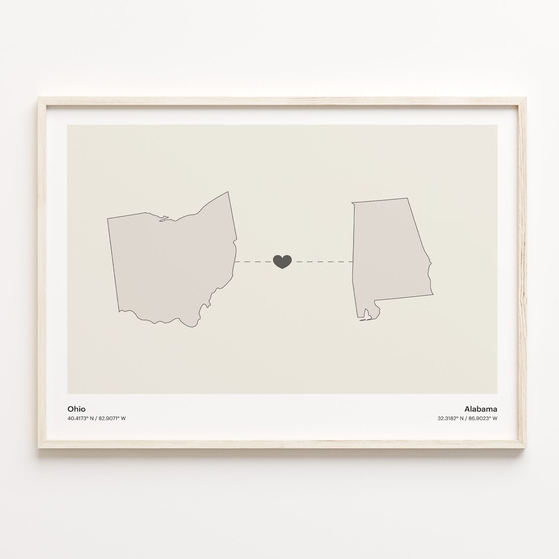 Ohio to Alabama Long Distance Minimalist Heart Connection Map Poster