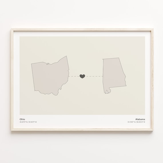 Ohio to Alabama Long Distance Minimalist Heart Connection Map Poster