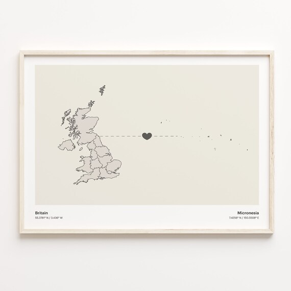 Britain To Micronesia Minimalistic Heart Love Connection Map Poster