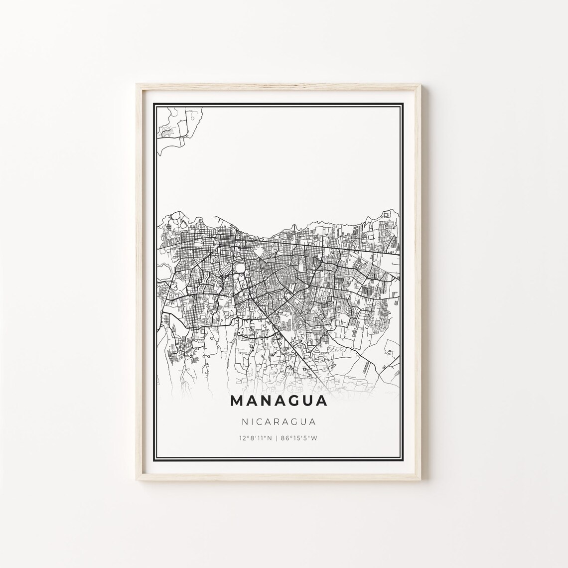 Managua Nicaragua Minimalist Modern Black And White City Map Poster