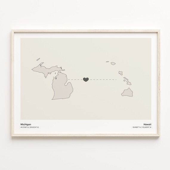 Michigan To Hawaii Minimalist Heart State Map Connection Print