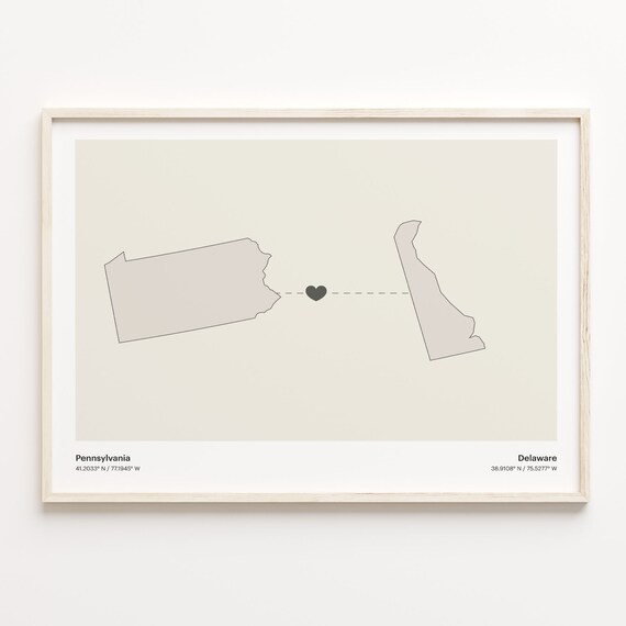 Pennsylvania to Delaware Long Distance Love Heart Connection Map Poster
