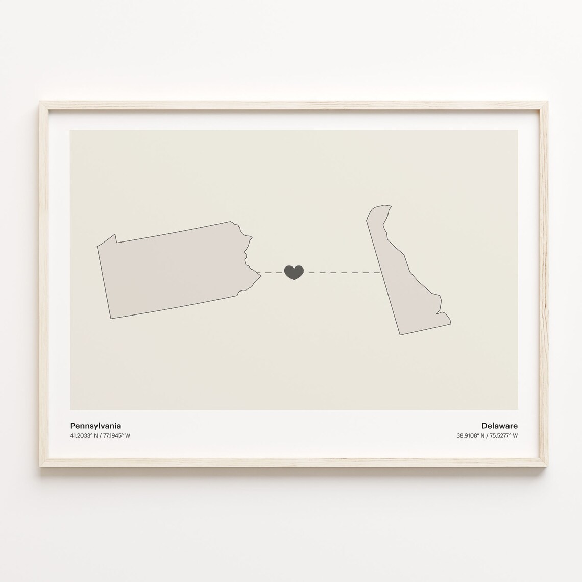 Pennsylvania to Delaware Long Distance Love Heart Connection Map Poster