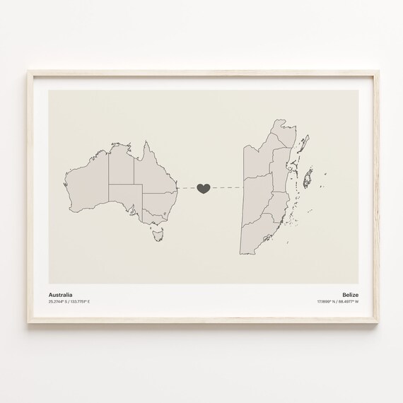 Australia to Belize Minimalist Heart Couple Connection Map Poster