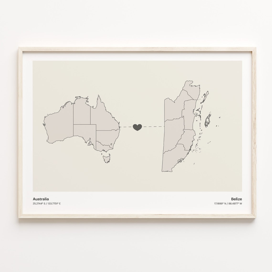 Australia to Belize Minimalist Heart Couple Connection Map Poster