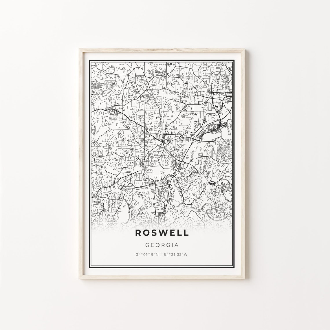 Roswell Georgia City Map Minimalist Black and White Decor Poster