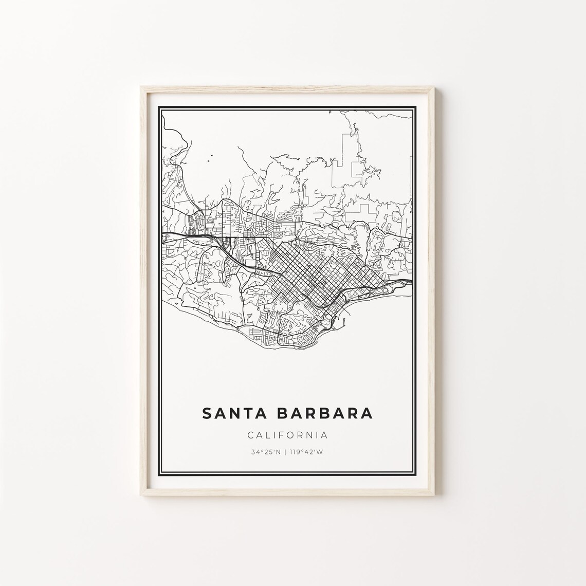 Santa Barbara California Minimalist Black And White City Map Art Poster