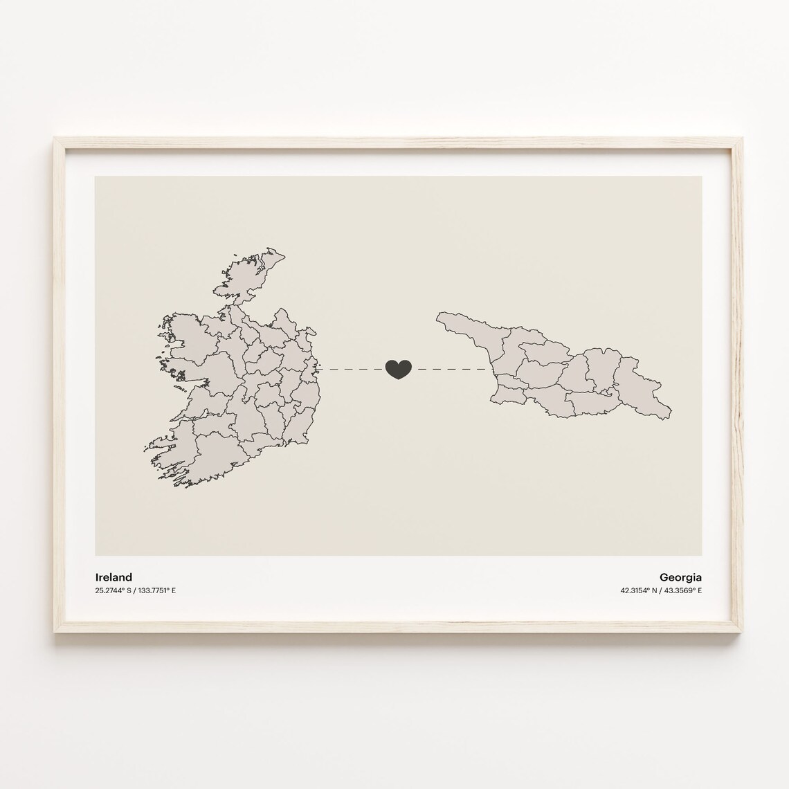 Ireland to Georgia Heartfelt Long Distance Connection Map Poster