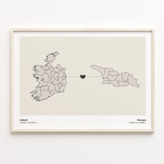 Ireland to Georgia Heartfelt Long Distance Connection Map Poster