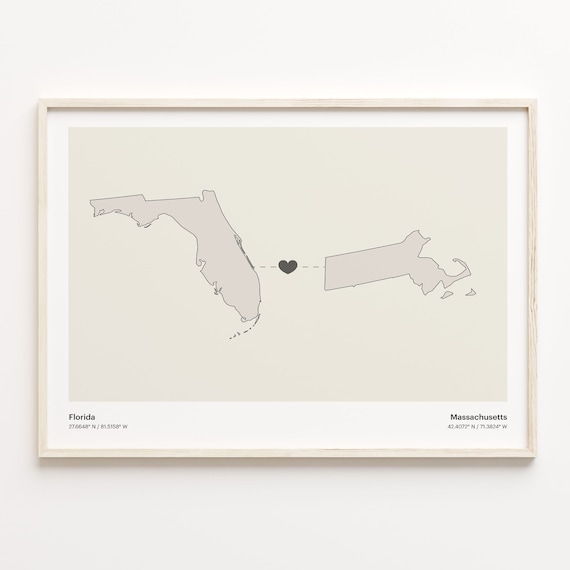 Florida and Massachusetts Long Distance Love Map Connection Poster