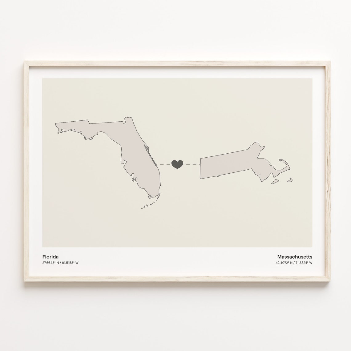 Florida and Massachusetts Long Distance Love Map Connection Poster