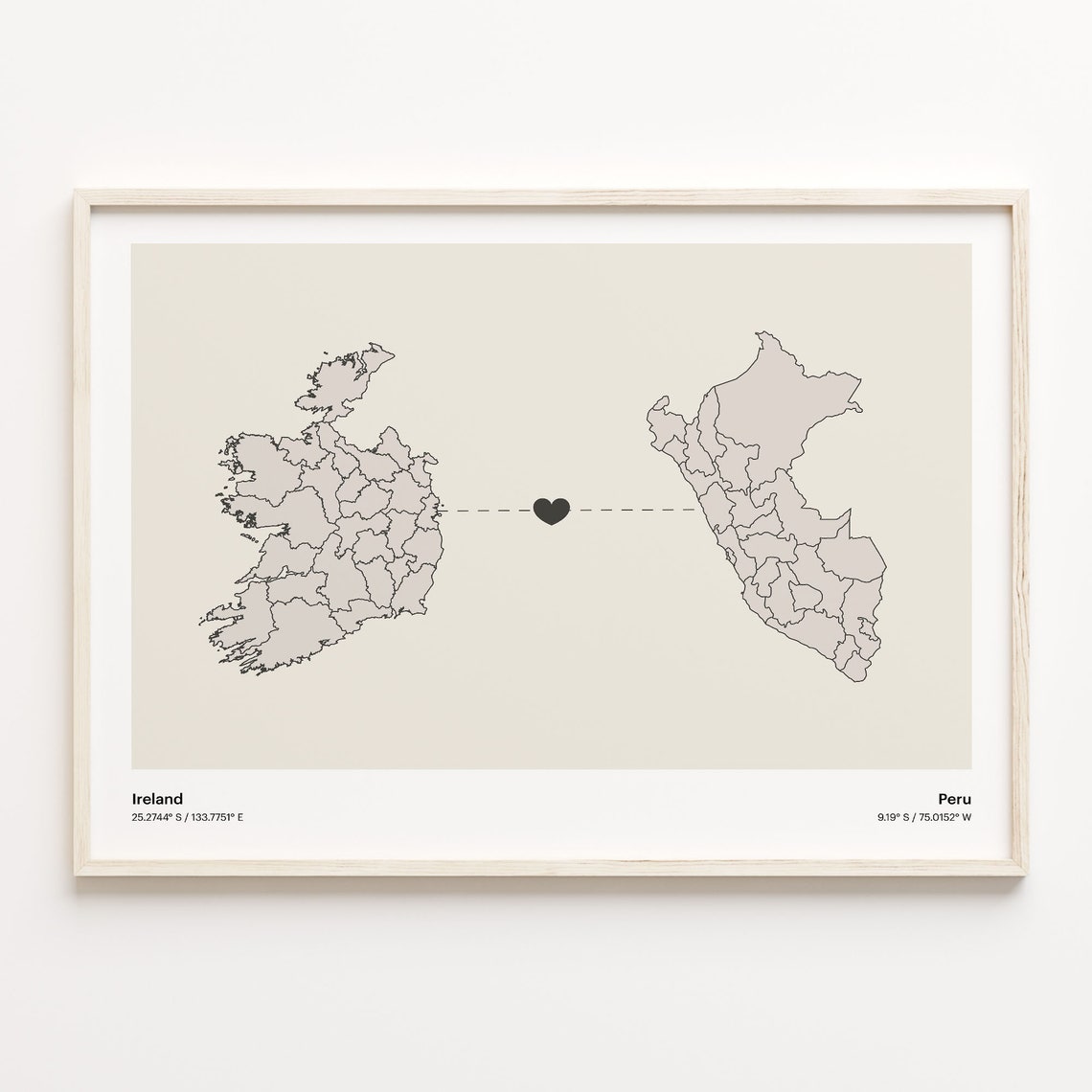 Ireland To Peru Minimalist Heart Map Long Distance Love Poster