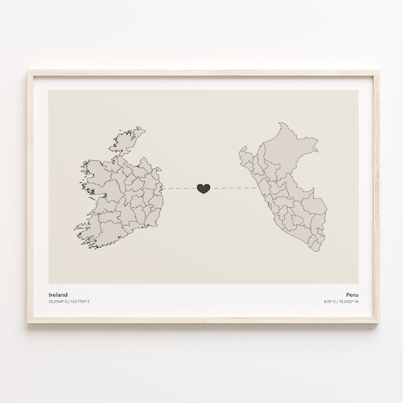 Ireland To Peru Minimalist Heart Map Long Distance Love Poster
