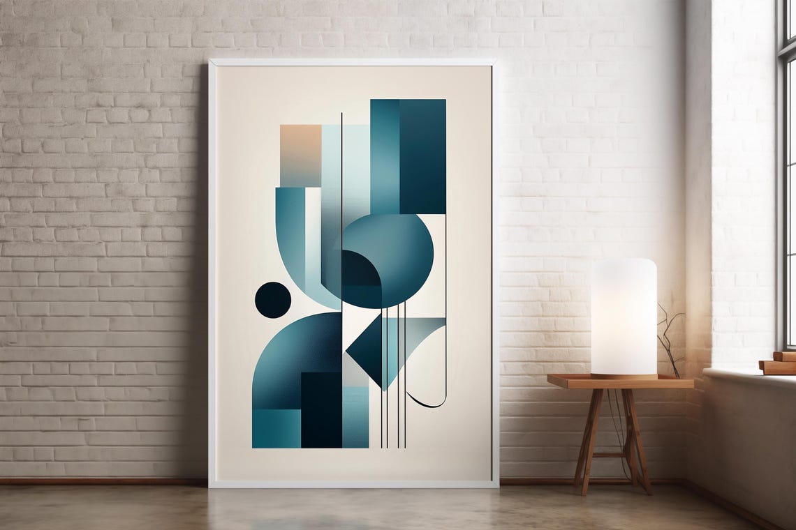 Blue Geometric Abstract Rounded Shapes Bauhaus Style Modern Art Poster
