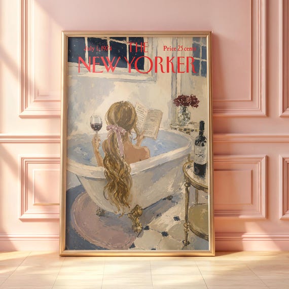 Vintage New Yorker Bathtub Poster Cozy Reading Bath Wall Art Wine Print Elegant Bathroom Illustration Magazine Cover