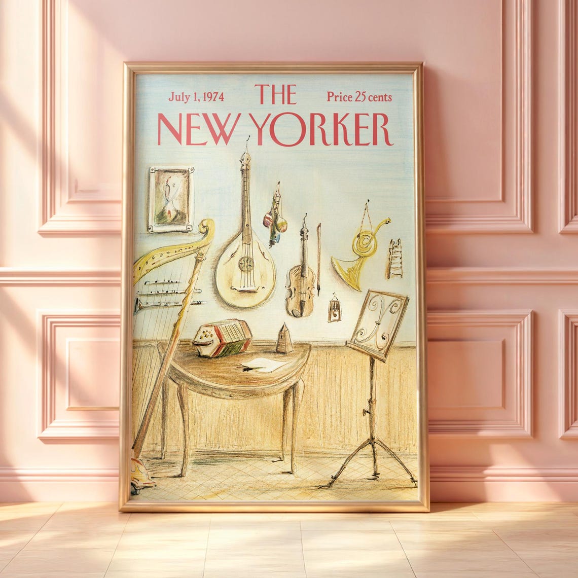 The New Yorker July 1 1974 Antique Musical Instruments Sketch Poster
