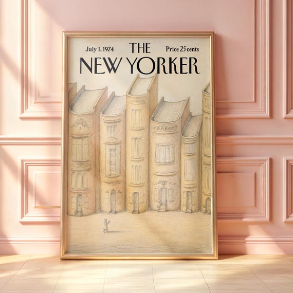 Vintage New Yorker Brownstone Row Poster Minimal York Architecture Print Elegant Townhouse Wall Art Magazine Cover
